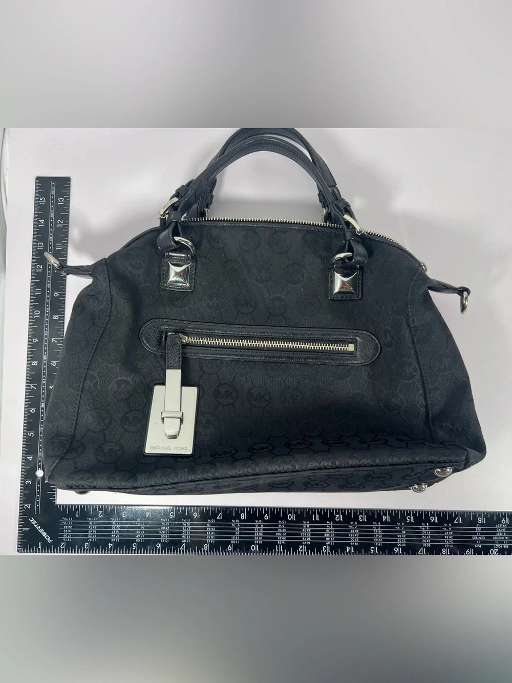4279: Michael Kors Black Logo Jacquard Satchel Silver Hardware